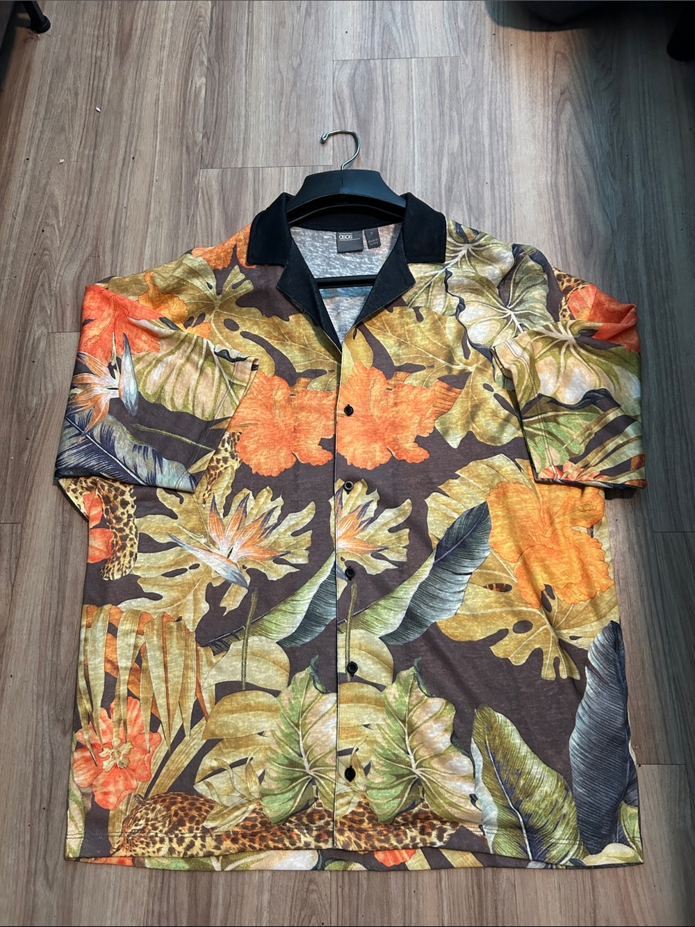 ASOS Brown Floral Short-Sleeve Camp Shirt with Orange Accents